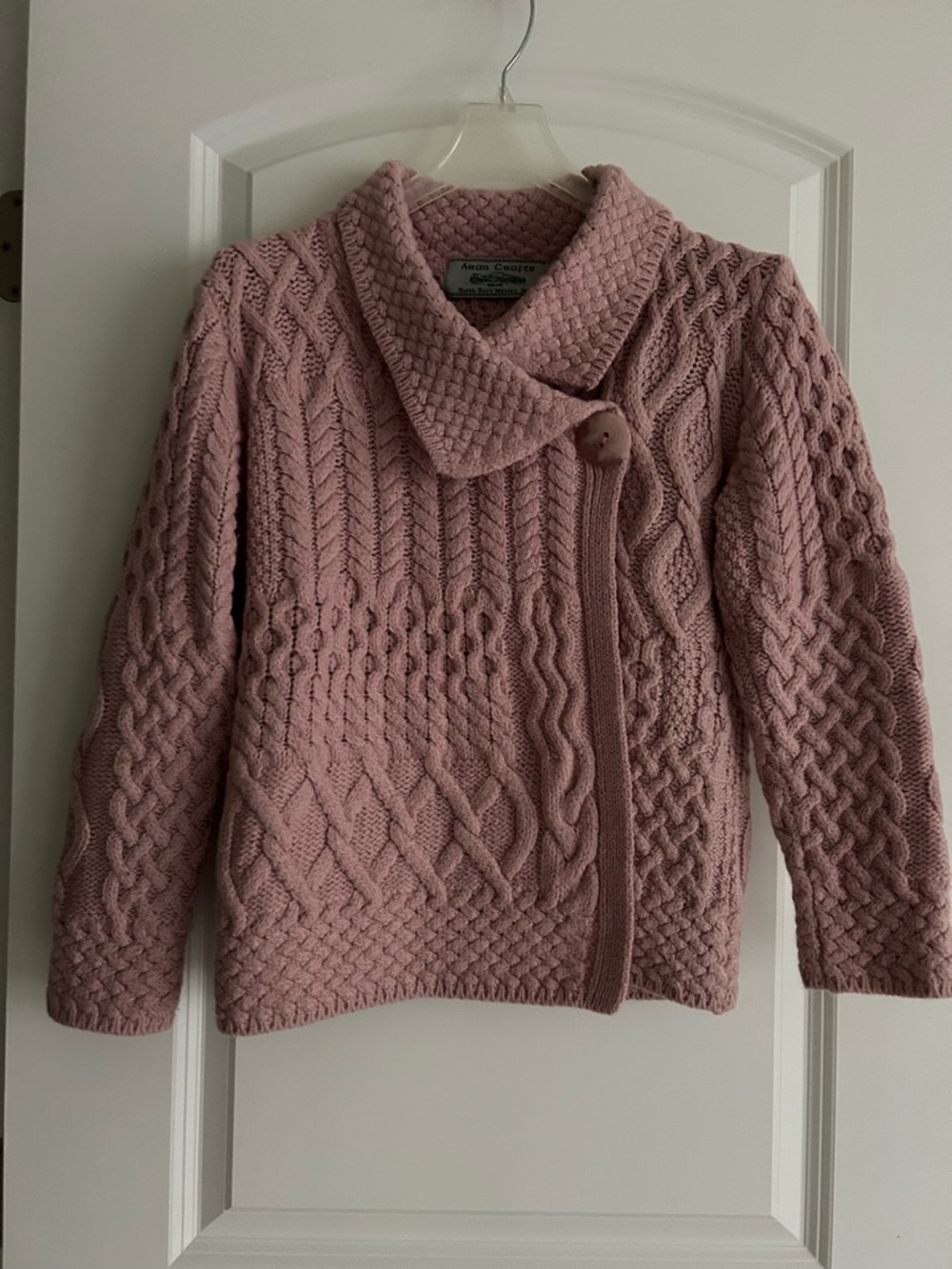 Aran Crafts Wool Cable Knit Pink Shawl Collar Crossover  Cardigan size Small